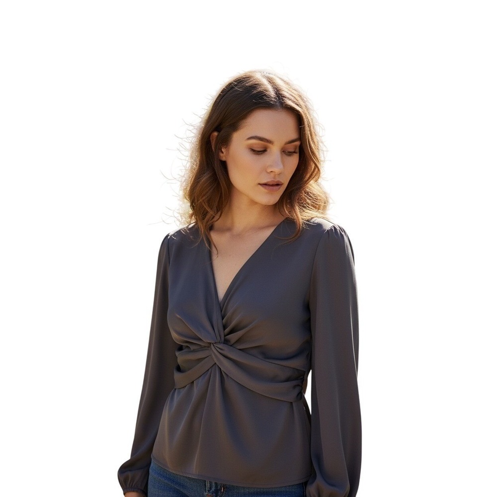 PLEIONE Coquette Plum Romantic Twist-Front Empire‎ Blouse Soft Drape M NWOT